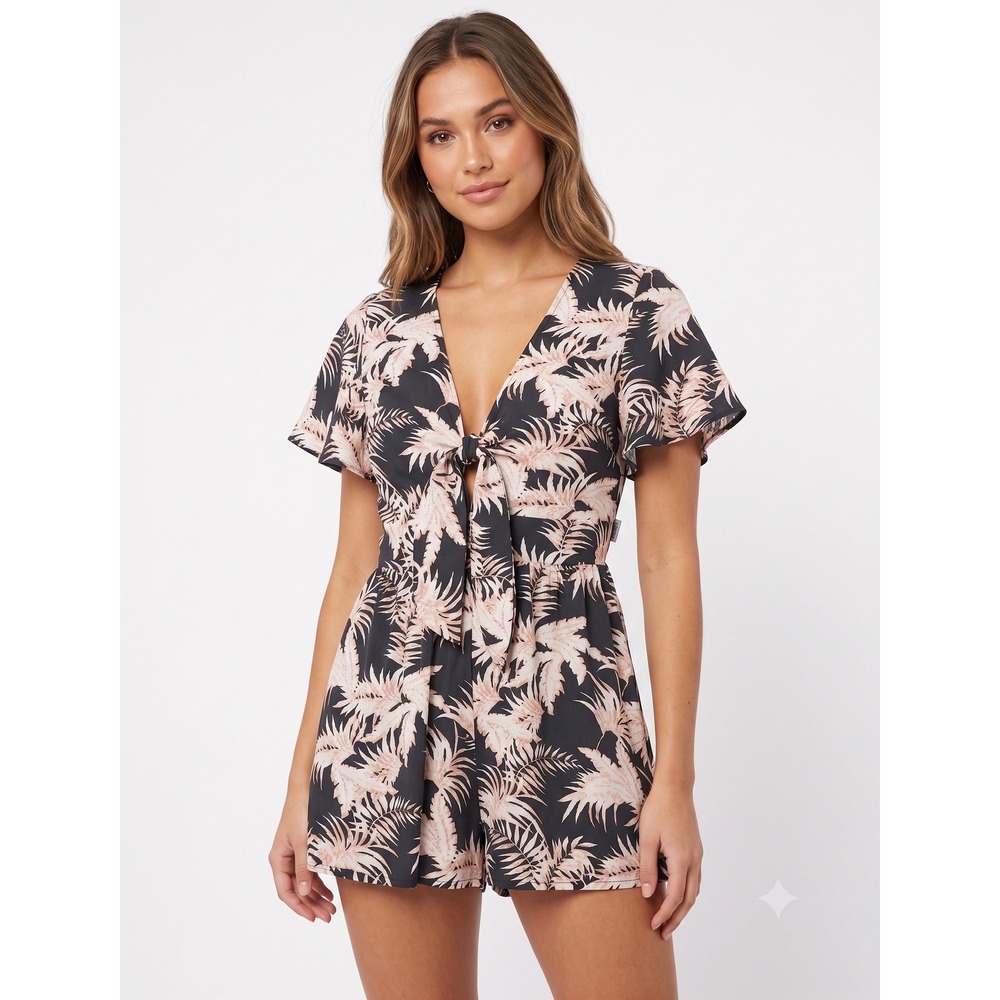 Pink Lily Romper Charcoal Pink Tropical Palm Print Tie Front Smocked - Medium